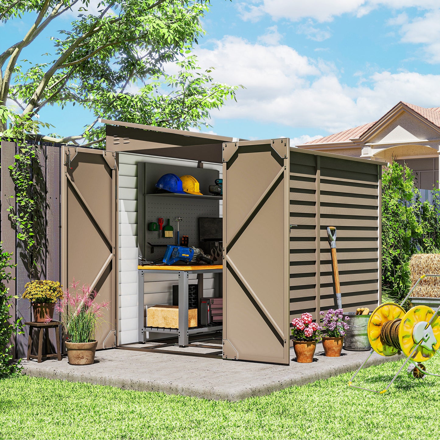 5 x 9ft Galvanised Metal Garden Shed with Foundation Kit, Brown
