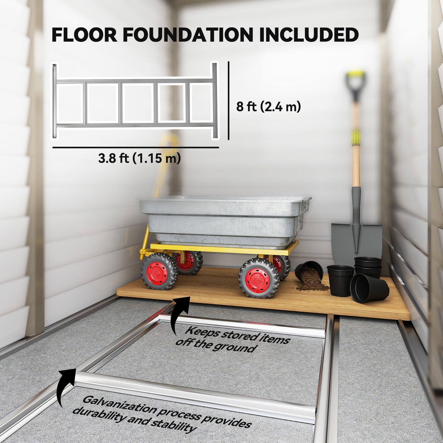 5 x 9ft Galvanised Metal Garden Shed with Foundation Kit, Brown