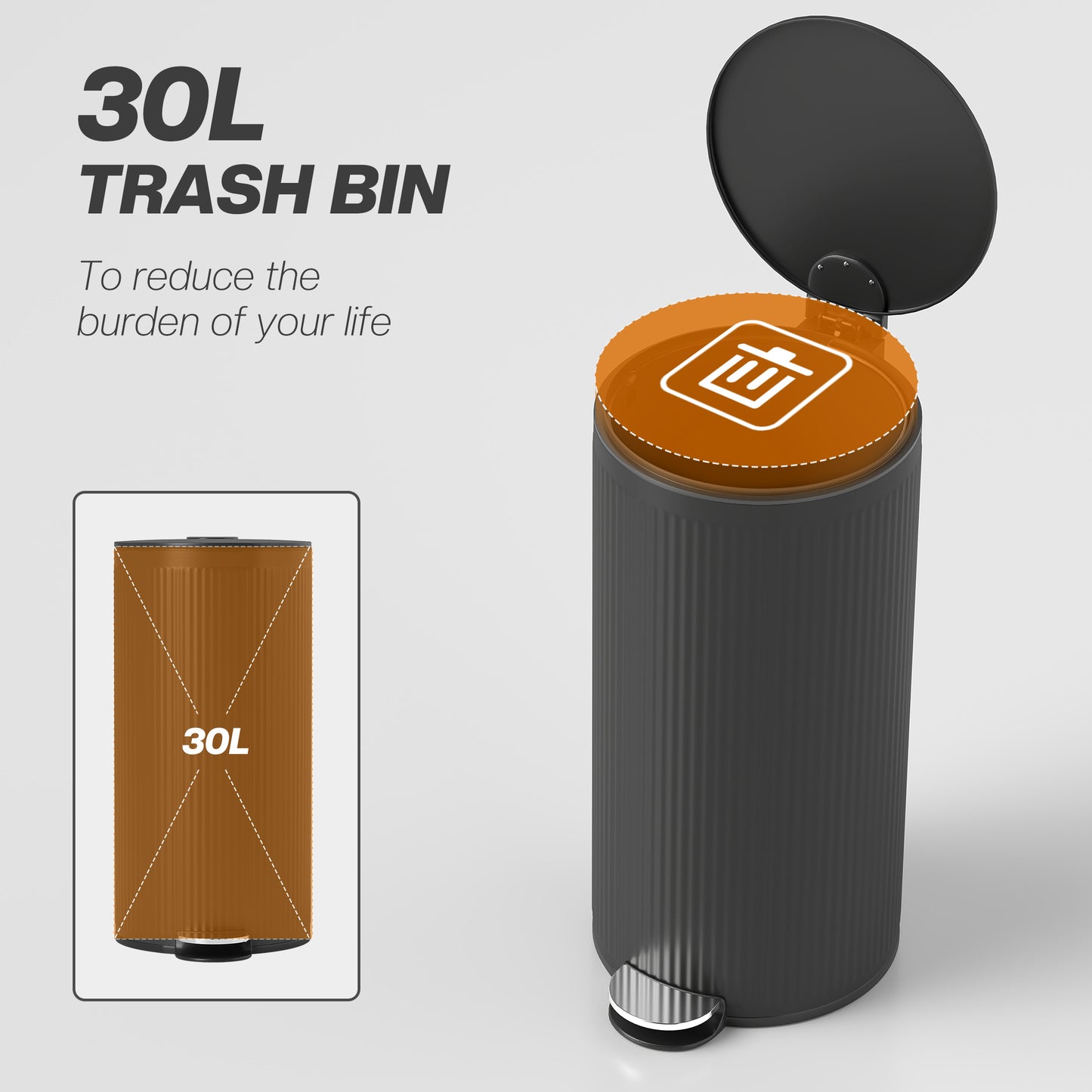 Kitchen Bin, 30 Litre Pedal Rubbish Bin with Removable Bucket, Black