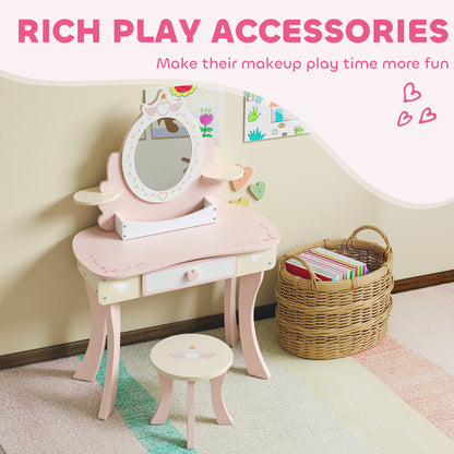Kids Dressing Table, Girls Vanity Set w/ Stool, 7 Play Accessories