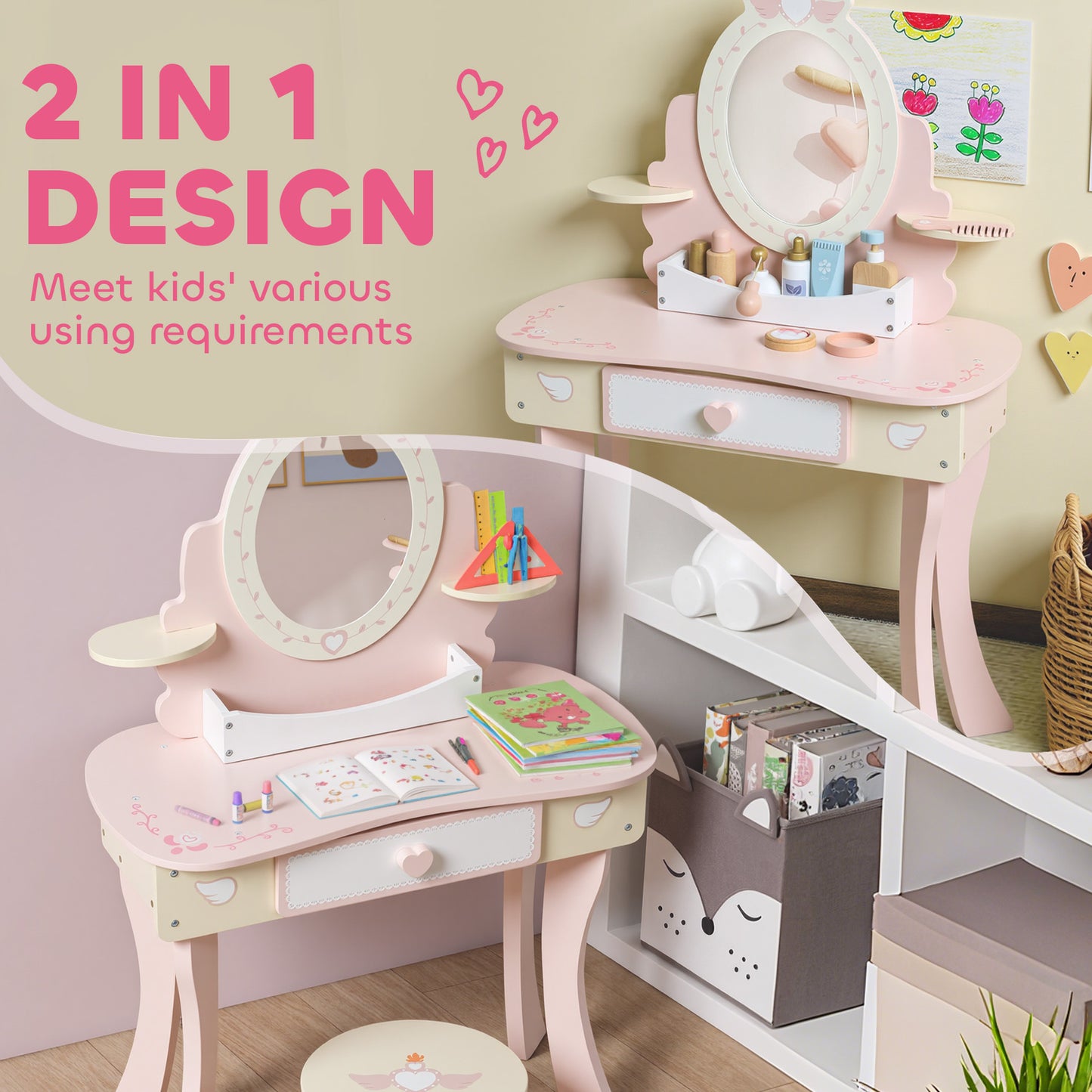 Kids Dressing Table, Girls Vanity Set w/ Stool, 7 Play Accessories