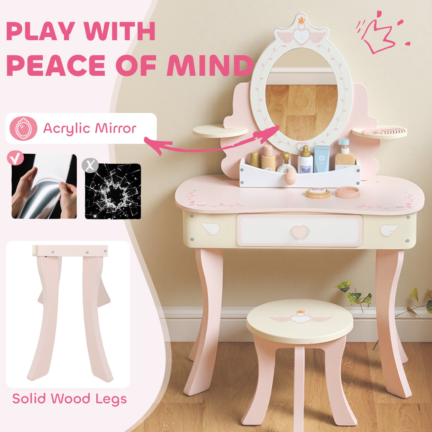 Kids Dressing Table, Girls Vanity Set w/ Stool, 7 Play Accessories