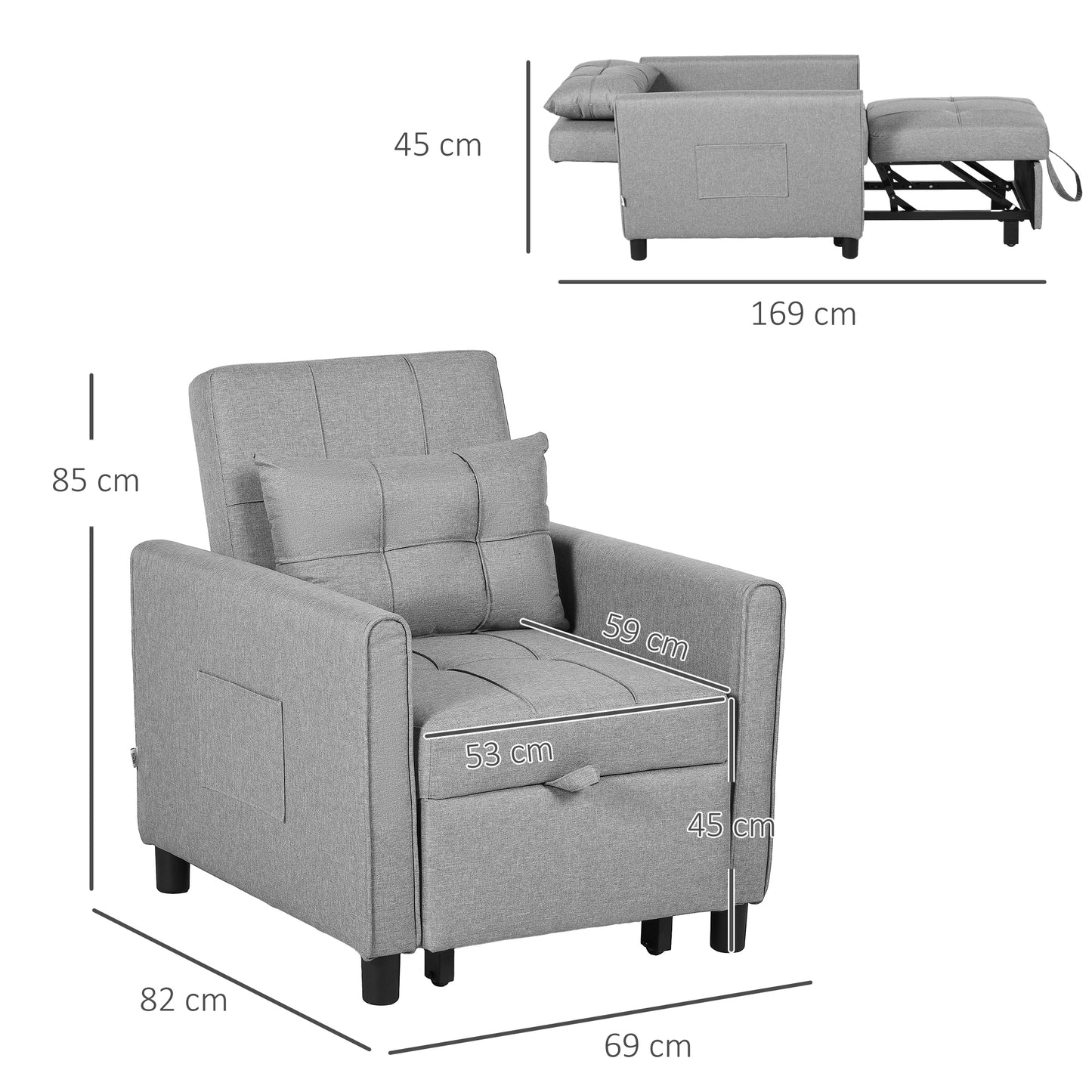 3-In-1 Convertible Chair Bed, Pull Out Sleeper Chair, Fold Out Bed with Adjustable Backrest, Side Pockets, Grey