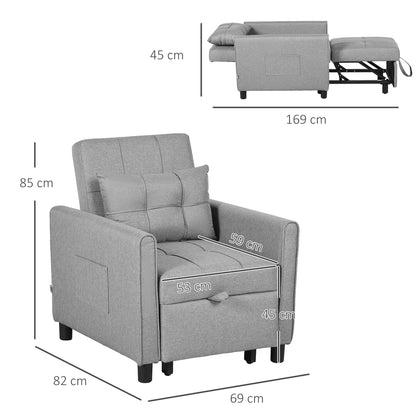 3-In-1 Convertible Chair Bed, Pull Out Sleeper Chair, Fold Out Bed with Adjustable Backrest, Side Pockets, Grey