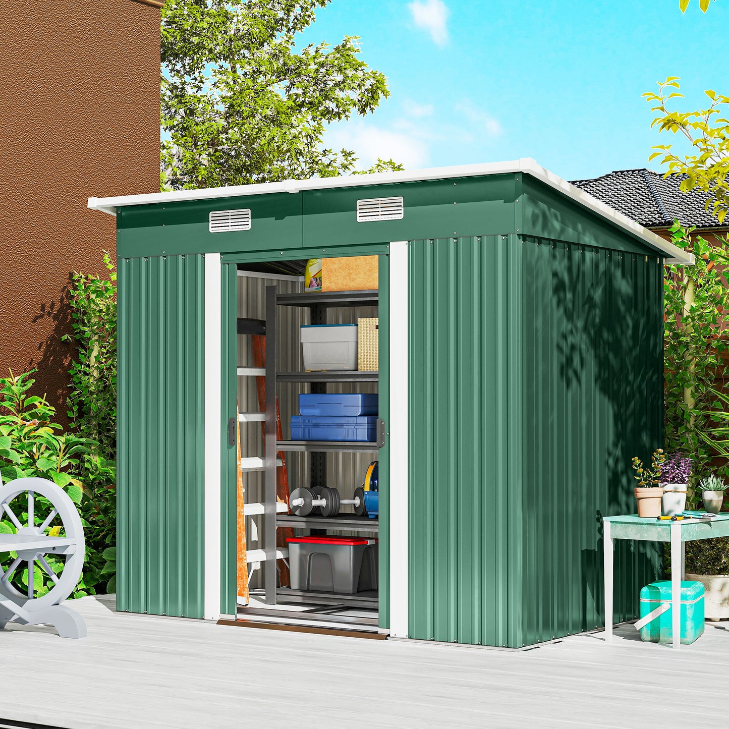 7 x 4ft Outdoor Storage Shed with Foundation Kit, Lean to Metal Garden Shed for Log, Rubbish Bin, Tool, Lawnmower, Bike, Patio Use, Green
