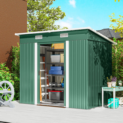 7 x 4ft Outdoor Storage Shed with Foundation Kit, Lean to Metal Garden Shed for Log, Rubbish Bin, Tool, Lawnmower, Bike, Patio Use, Green