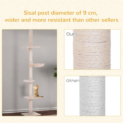 Floor to Ceiling Cat Tree for Indoor Cats 5-Tier Kitty Tower Climbing Activity Center Scratching Post Adjustable Height 230-260 cm Beige