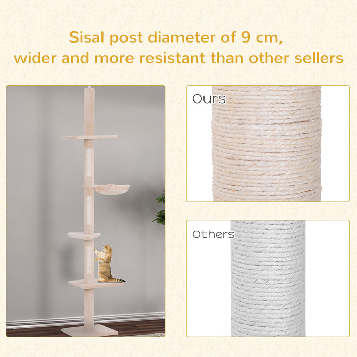 Floor to Ceiling Cat Tree 5-Tier Kitty Tower Activity Center Scratching Post 230-260cm