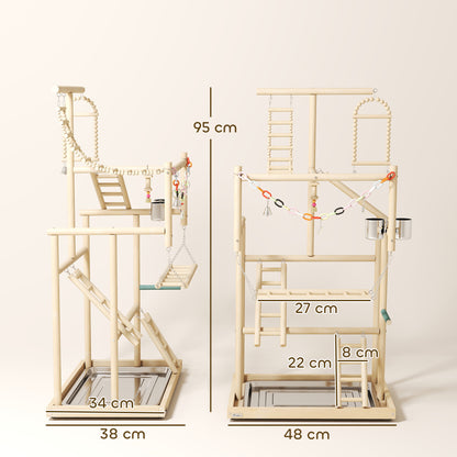Parrot Play Stand, 95 cm Wooden Bird Playground with Ladders, Chain Toy, Stainless Steel Cups and Tray, Bird Cage Accessories for Parakeets, Cockatiels, Finches, Lovebirds, Budgie