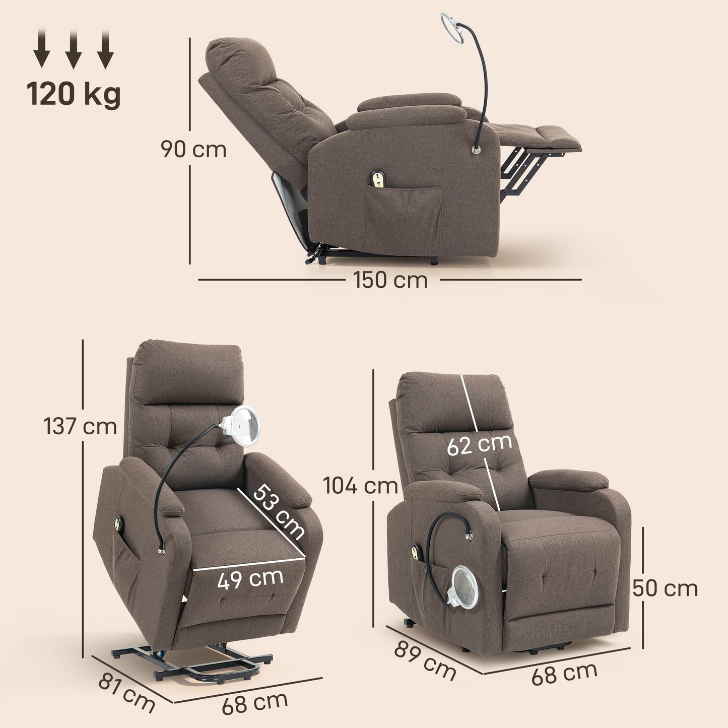 Linen Fabric Electric Recliner Chair with Remote Control, Brown
