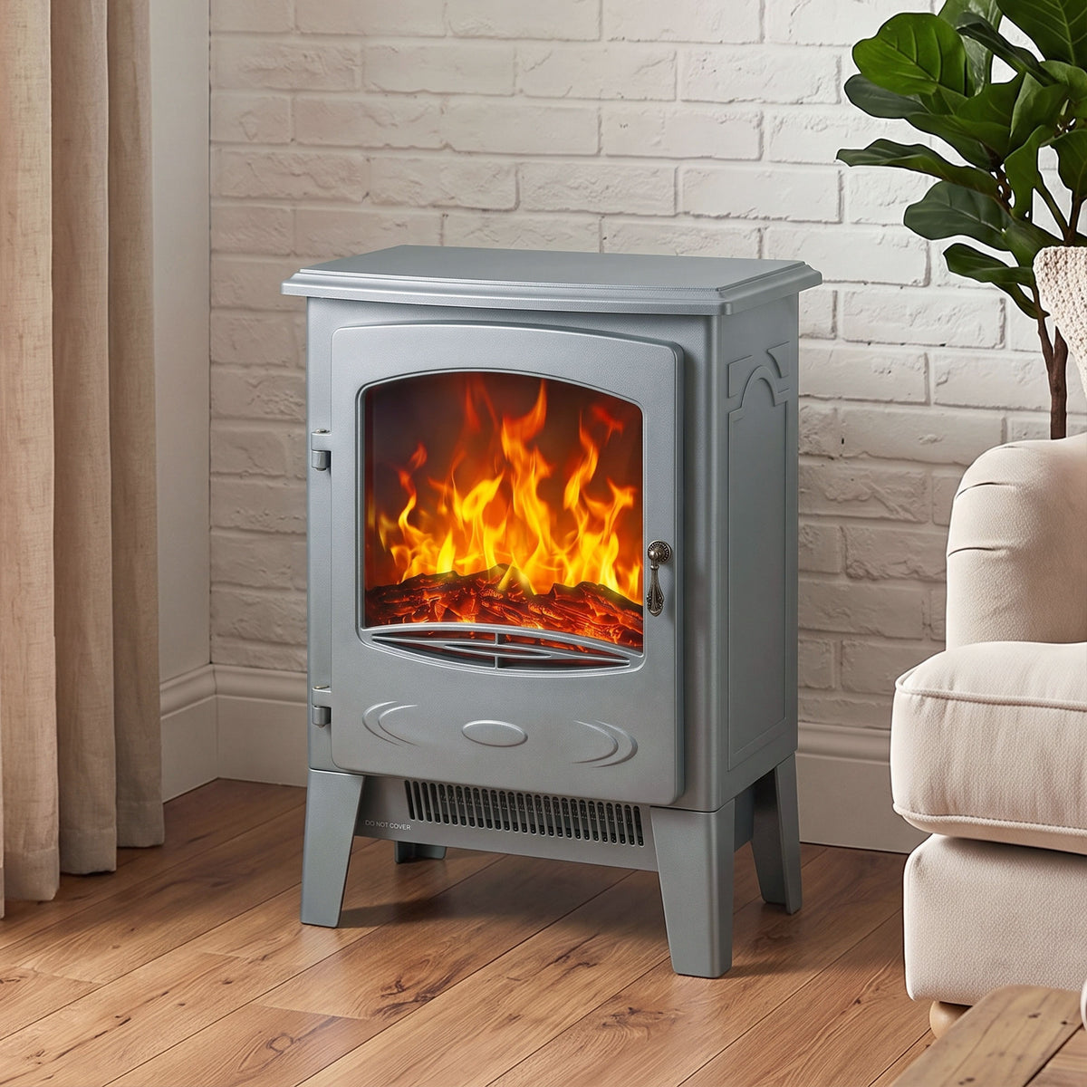 Electric Fireplace Freestanding w/ Realistic Flame Effect, Grey