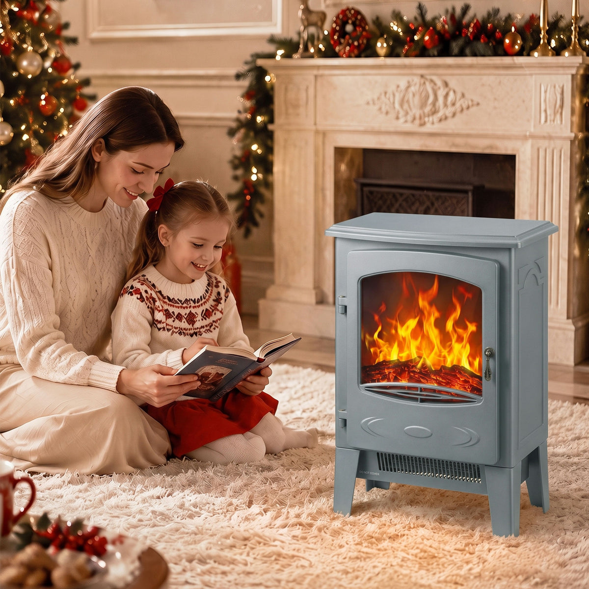 Electric Fireplace Freestanding w/ Realistic Flame Effect, Grey