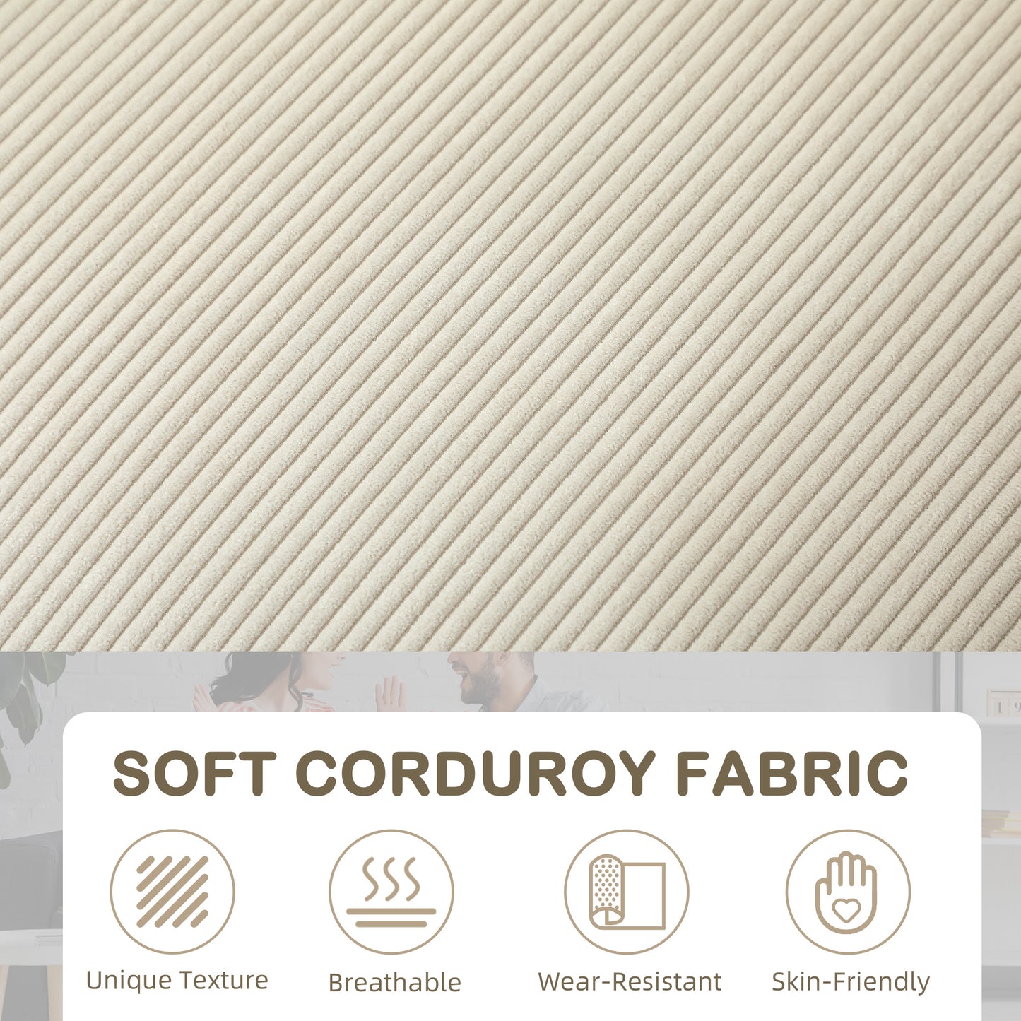 Modern 3 Seater Sofa Upholstered Corduroy Sofa Couch Cream White