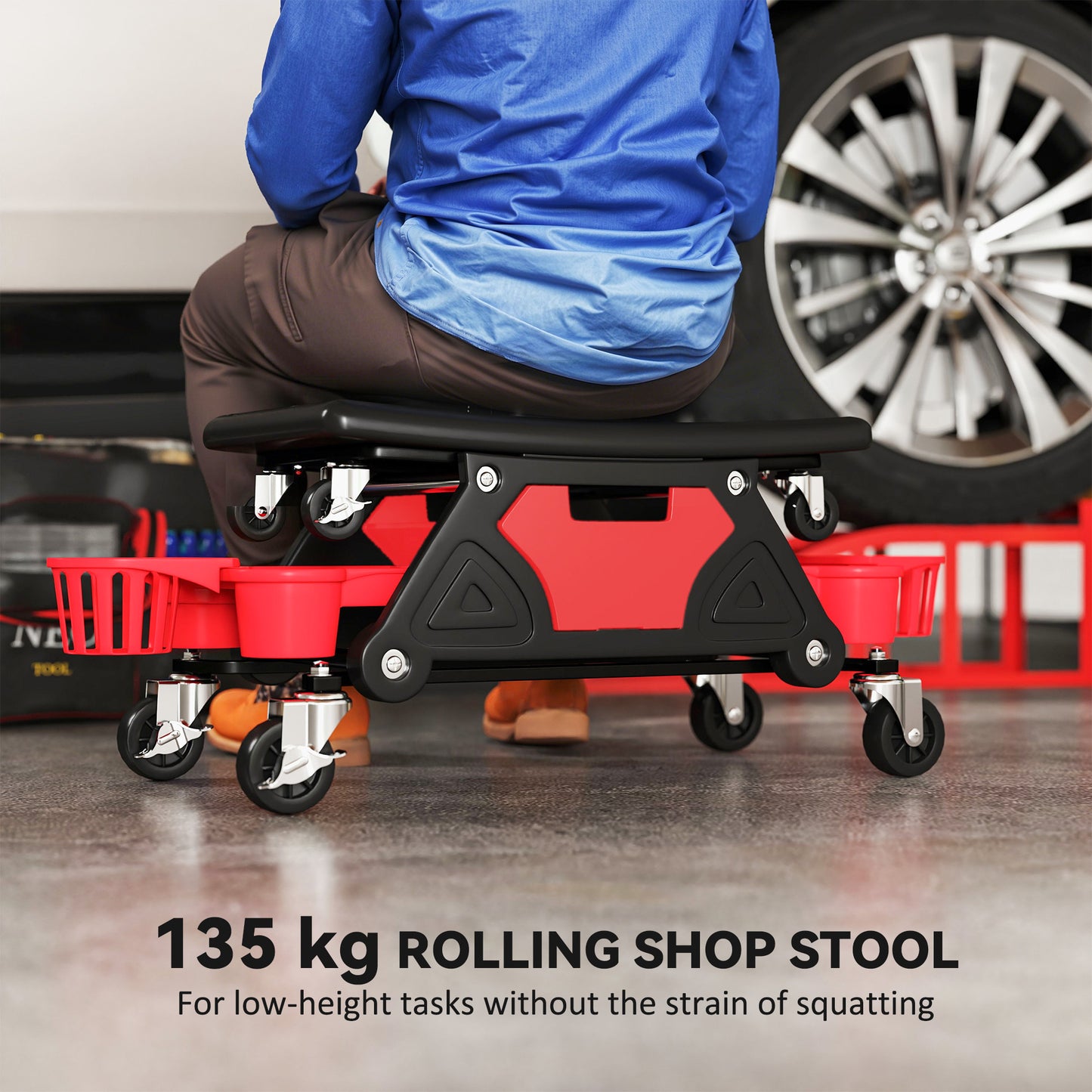 Rolling Mechanic Stool, 135kg Capacity Workshop Stool, Red