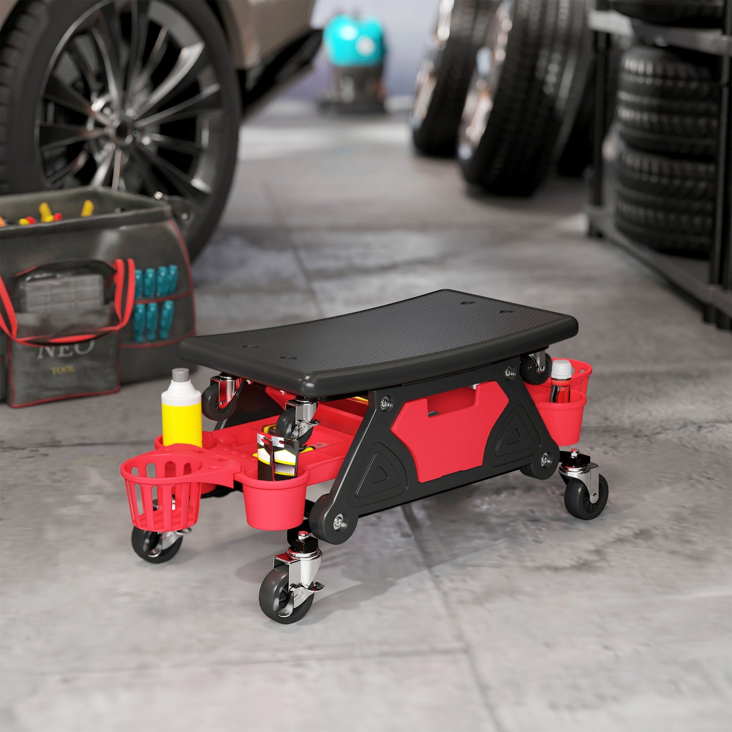 Rolling Mechanic Stool, 135kg Capacity Workshop Stool, Red