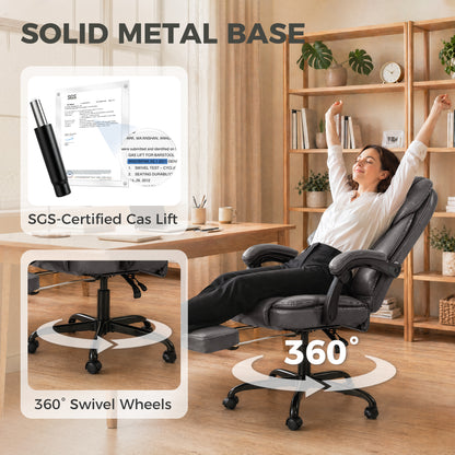 High-Back Executive Home Office Chair, PU Leather Computer Desk Chair with 360 Degree Swivel, Reclining Function, Retractable Footrest and Adjustable Height, Grey
