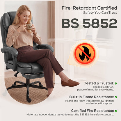 High-Back Executive Home Office Chair, PU Leather Computer Desk Chair with 360 Degree Swivel, Reclining Function, Retractable Footrest and Adjustable Height, Grey