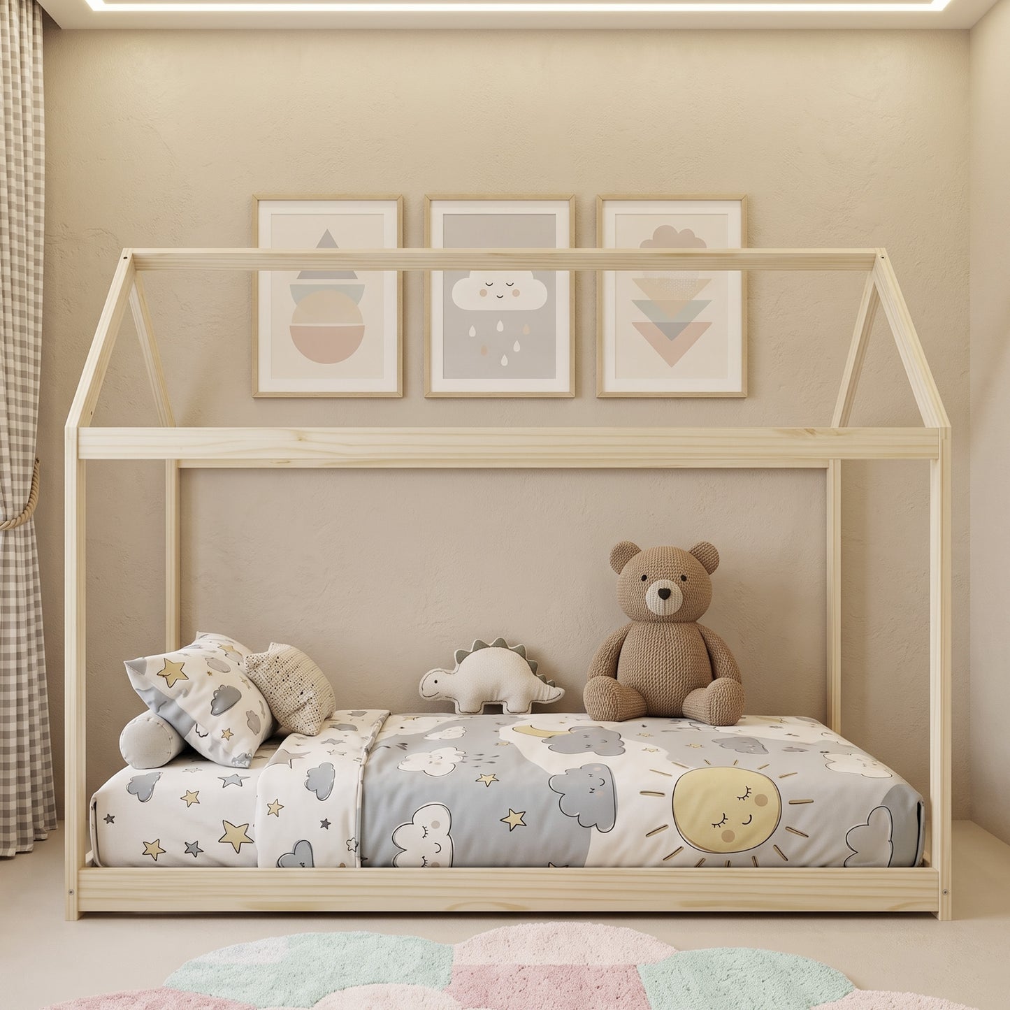 Wooden Single Bed Frame with Tree House Style, Natural Wood Finish