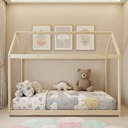Wooden Single Bed Frame with Tree House Style, Natural Wood Finish