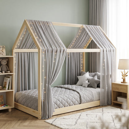 Wooden Single Bed Frame with Tree House Style, Natural Wood Finish