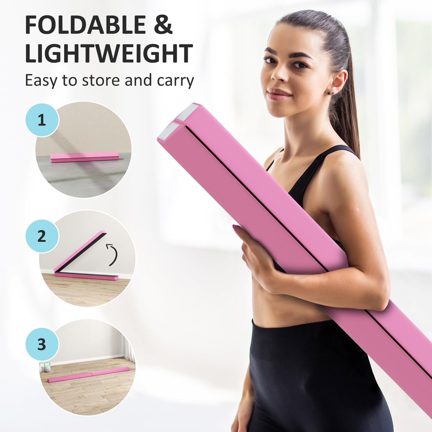 7.7FT Folding Gymnastics Balance Beam with Anti-Slip Base, Pink