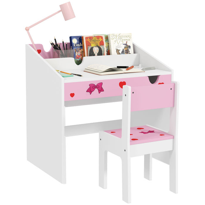 Children Study Table and Chair w/ Storage, Pull-out Drawer - Pink