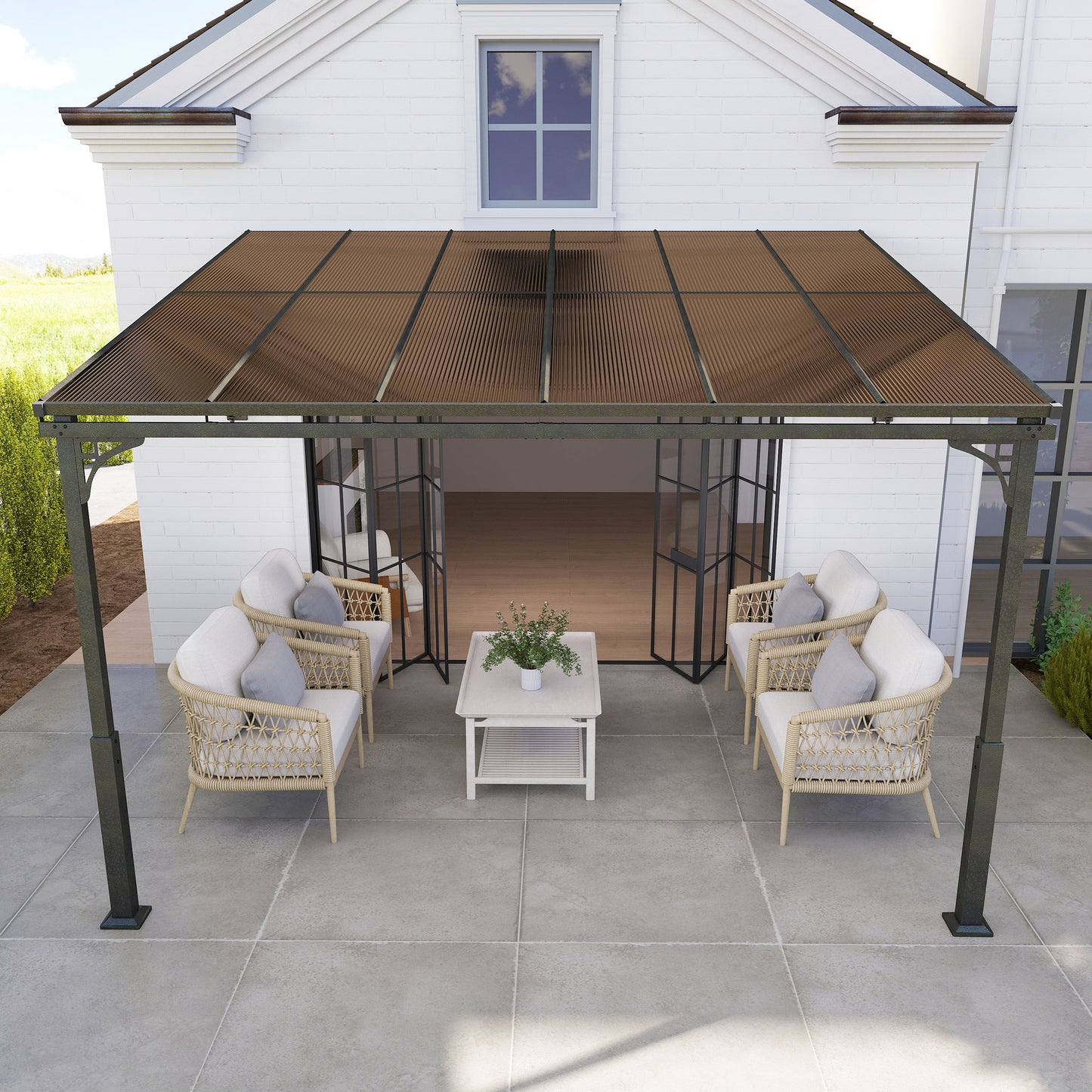 3.4 x 3 m Metal Lean-to Hardtop Gazebo, Wall-Mounted Pergola