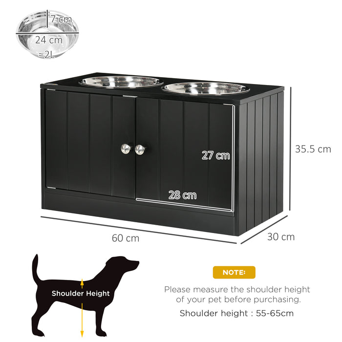 Raised Dog Bowls for Large Dogs Pet Feeding Station with Stand, Storage, 2 Stainless Steel Food and Water Bowls, Black, 60 x 30 x 35.5 cm