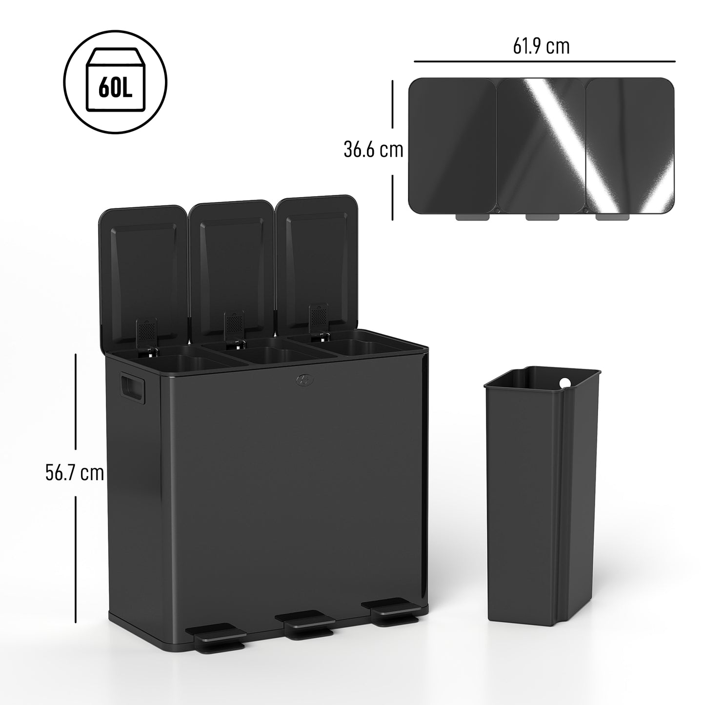 3 x 20L Triple Kitchen Bin Pedal Bin for Recycling and Waste, Black