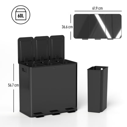 3 x 20L Triple Kitchen Bin Pedal Bin for Recycling and Waste, Black