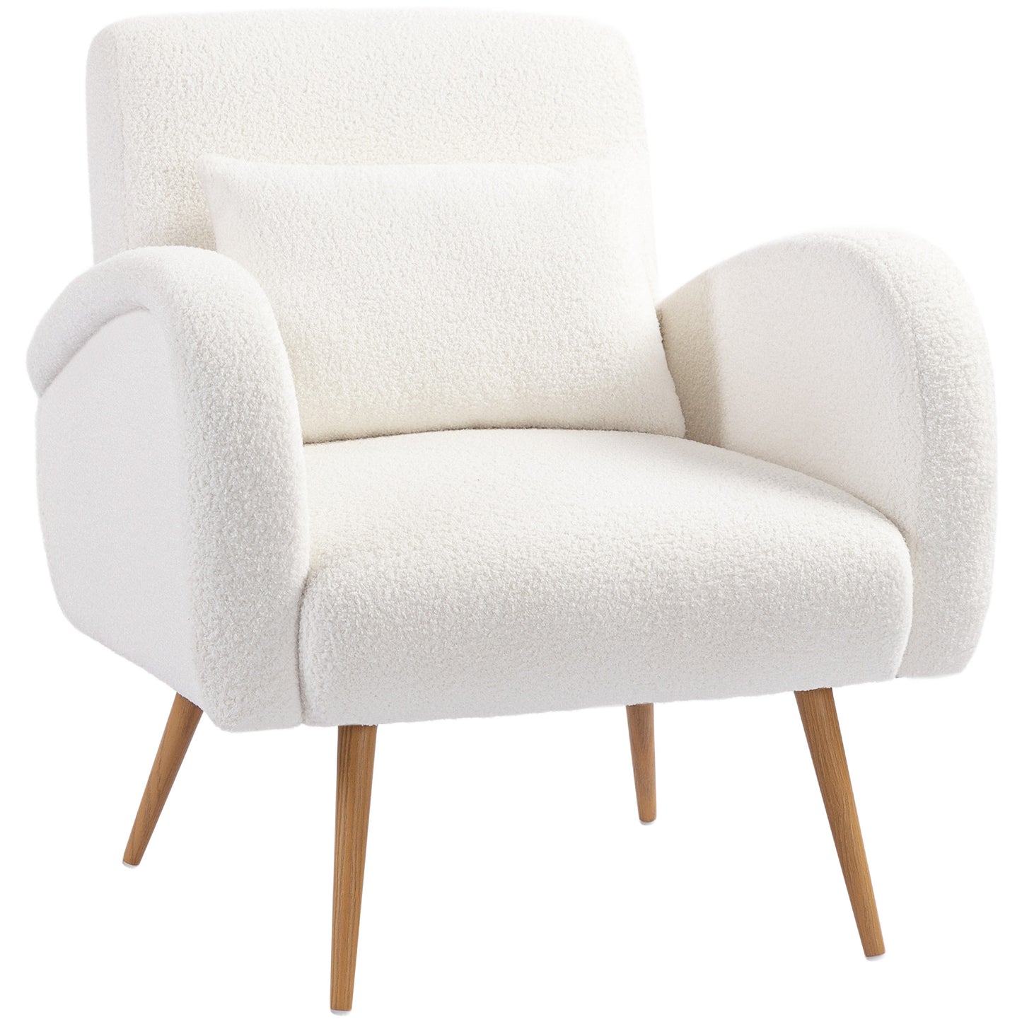 Modern Accent Chair, Teddy Fleece Upholstered Armchair with Lumbar Pillow, Metal Legs, Reading Lounge Chair for Living Room, Bedroom, Cream White