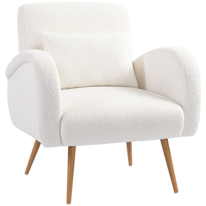 Modern Accent Chair, Teddy Fleece Upholstered Armchair with Lumbar Pillow, Metal Legs, Reading Lounge Chair for Living Room, Bedroom, Cream White