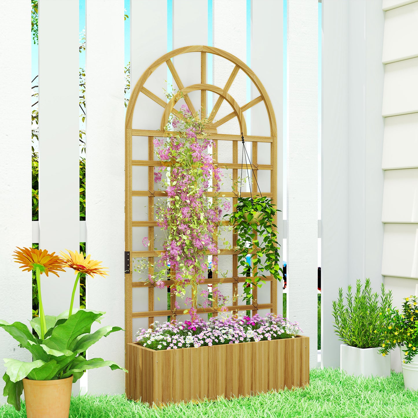 Wooden Raised Planter with Lattice Trellis for Climbing Plants