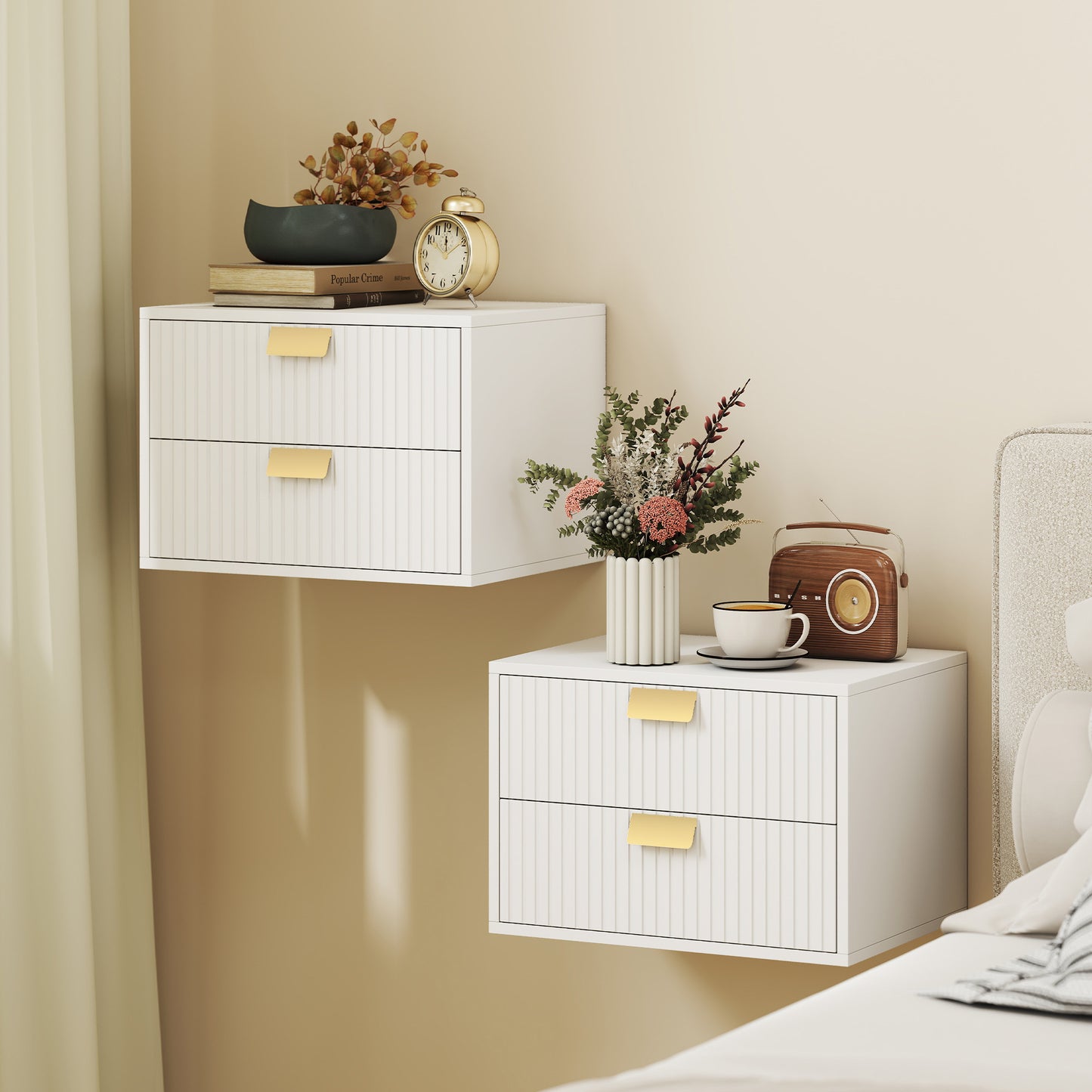 2pcs Modern Floating Nightstands,  2 Drawers Bedside Tables, White