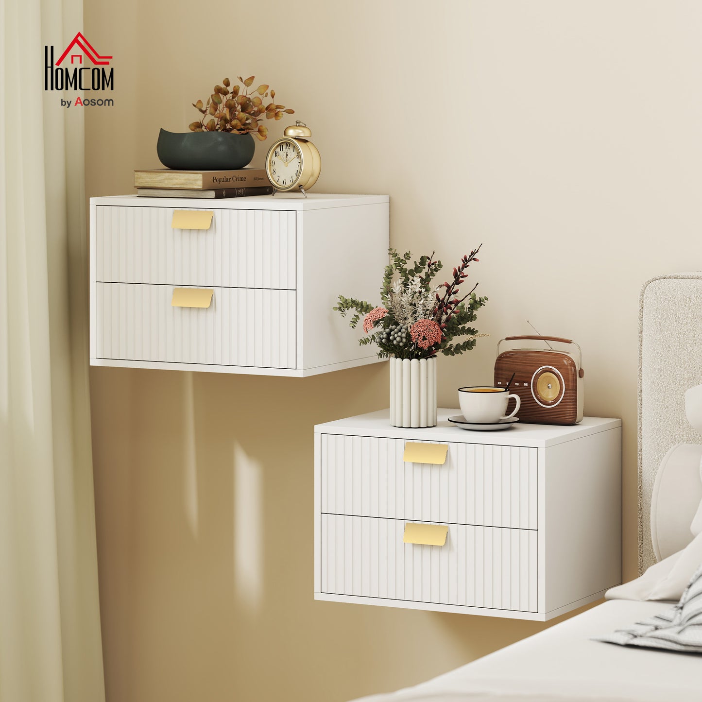 2pcs Modern Floating Nightstands,  2 Drawers Bedside Tables, White