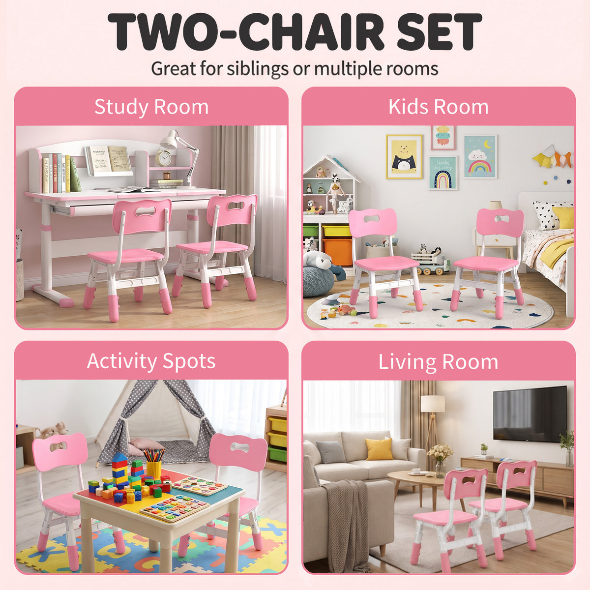 Set of 2 Height-Adjustable Kids' Desk Chairs - Pink & White