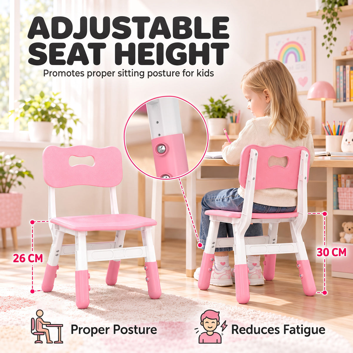 Set of 2 Height-Adjustable Kids' Desk Chairs - Pink & White