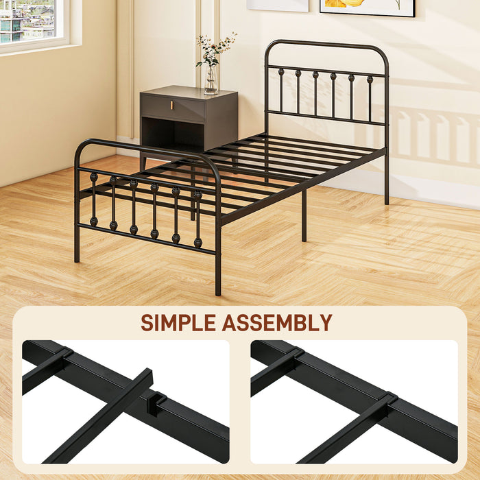 3ft Metal Single Platform Bed Frame w/ Underbed Storage Headboard Black