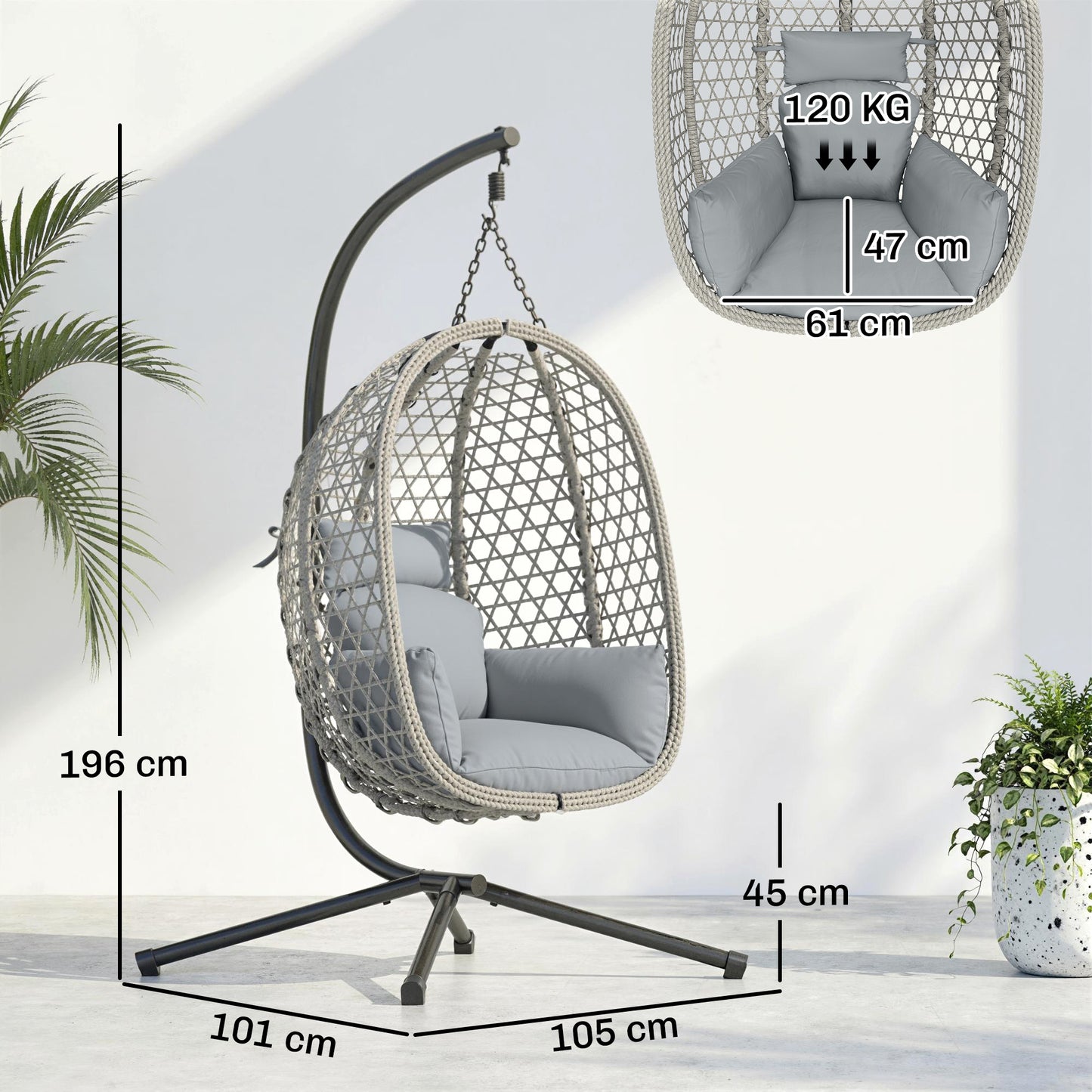 Hanging Egg Chair, Rattan Swing Chair with Stand, Light Grey