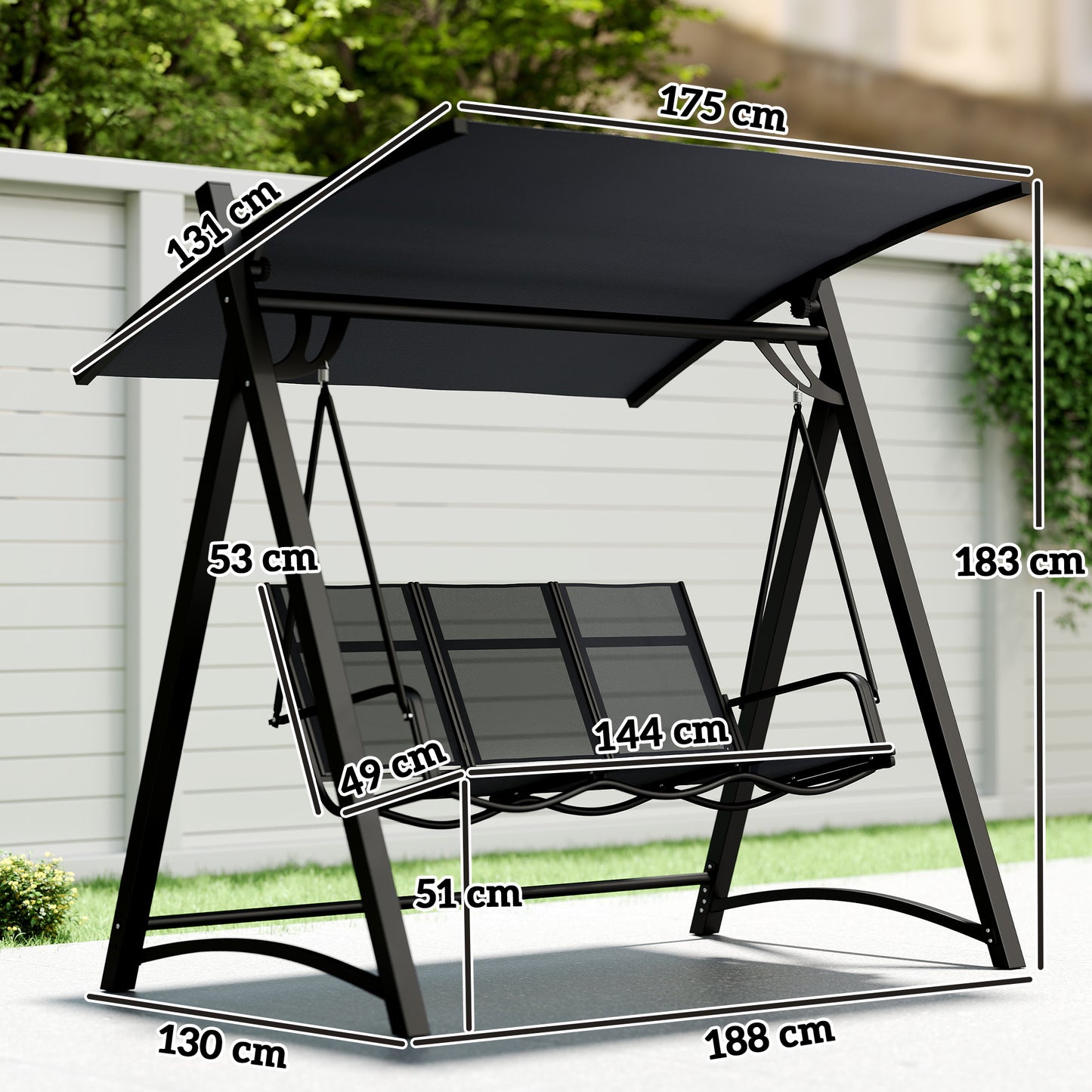 3 Seater Swing Chair, Garden Swing Bench with Adjustable Canopy