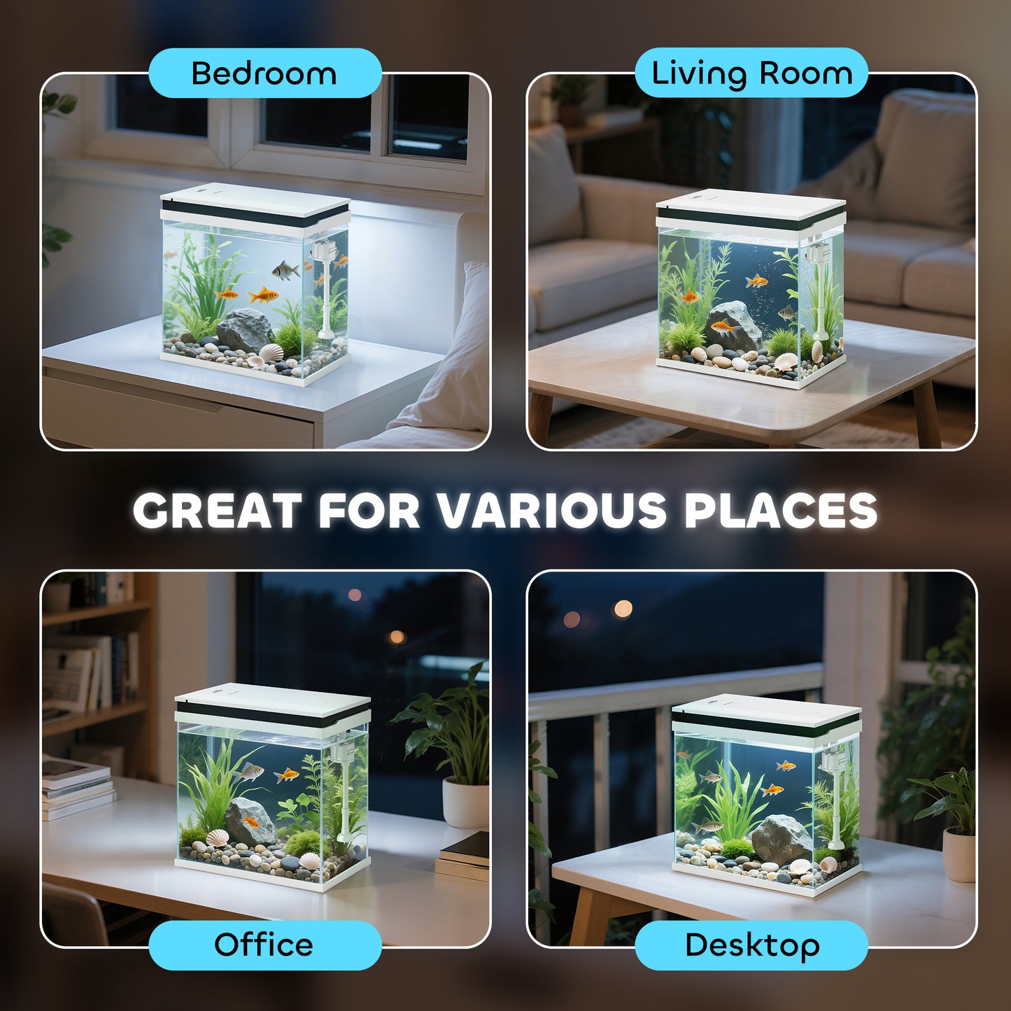 14L Small Fish Tank with Filter System, LED Lights, Water Pump, White