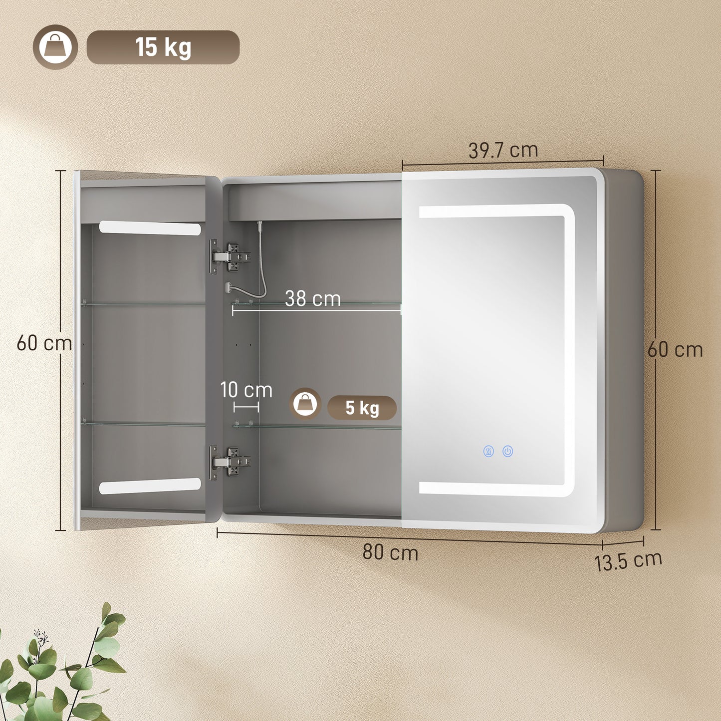 60 x 80 cm LED Bathroom Mirror Cabinet with Double-Sided Mirrors