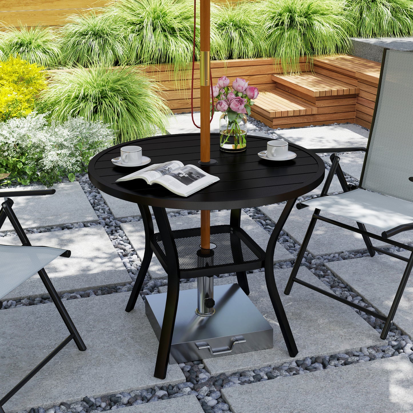 90 cm Garden Dining Table, Round Garden Table with Parasol Hole