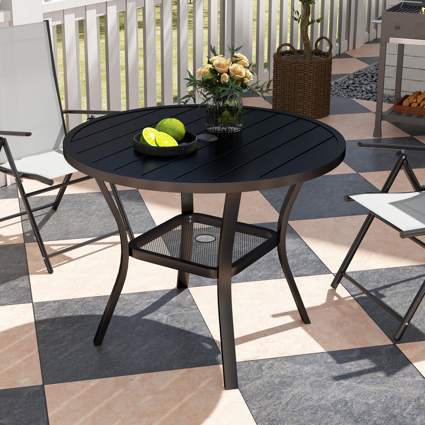90 cm Garden Dining Table, Round Garden Table with Parasol Hole