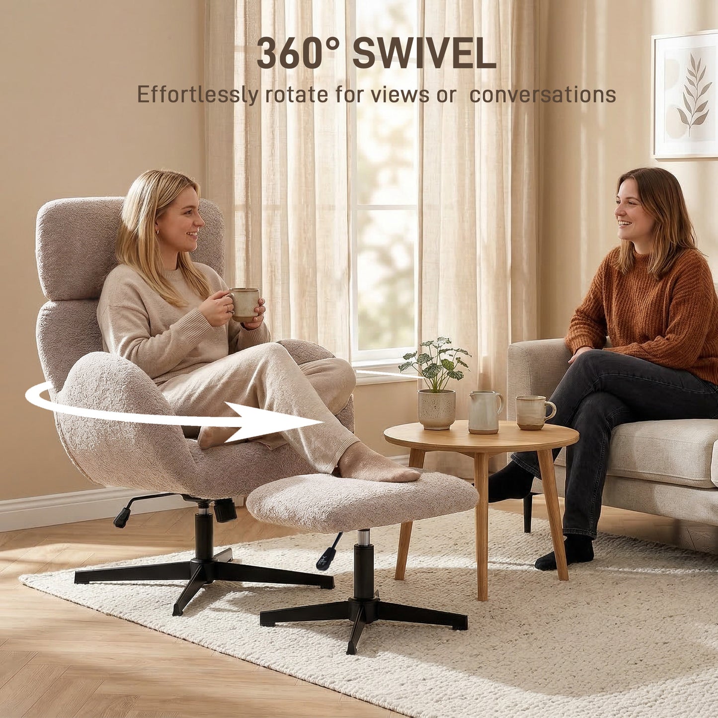 Swivel Armchair with Footstool, Rocking Accent Chair, Light Brown
