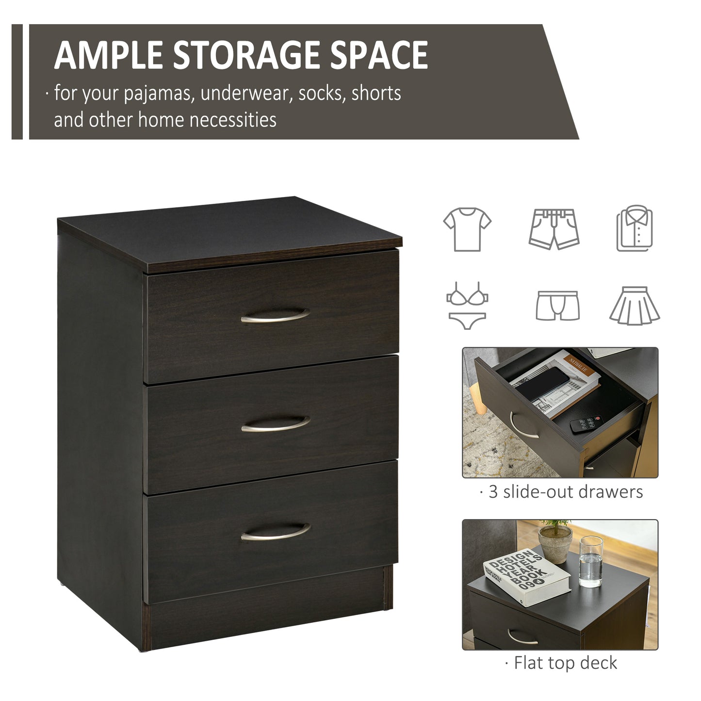 Modern 3 Drawers Side Table, Bedside Table with Wood Effect, Black