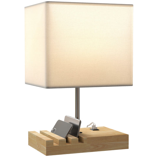 Table Lamp with 3 Slots, Bedside Lamp with Solid Wood Base, White