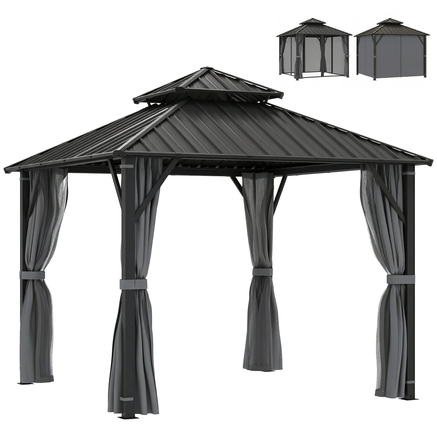3 x 3(m) Hardtop Gazebo with Metal Roof, Netting and Curtains, Grey
