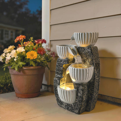 4-Tier Bowl Water Feature, Outdoor Water Fountain with LED Lights