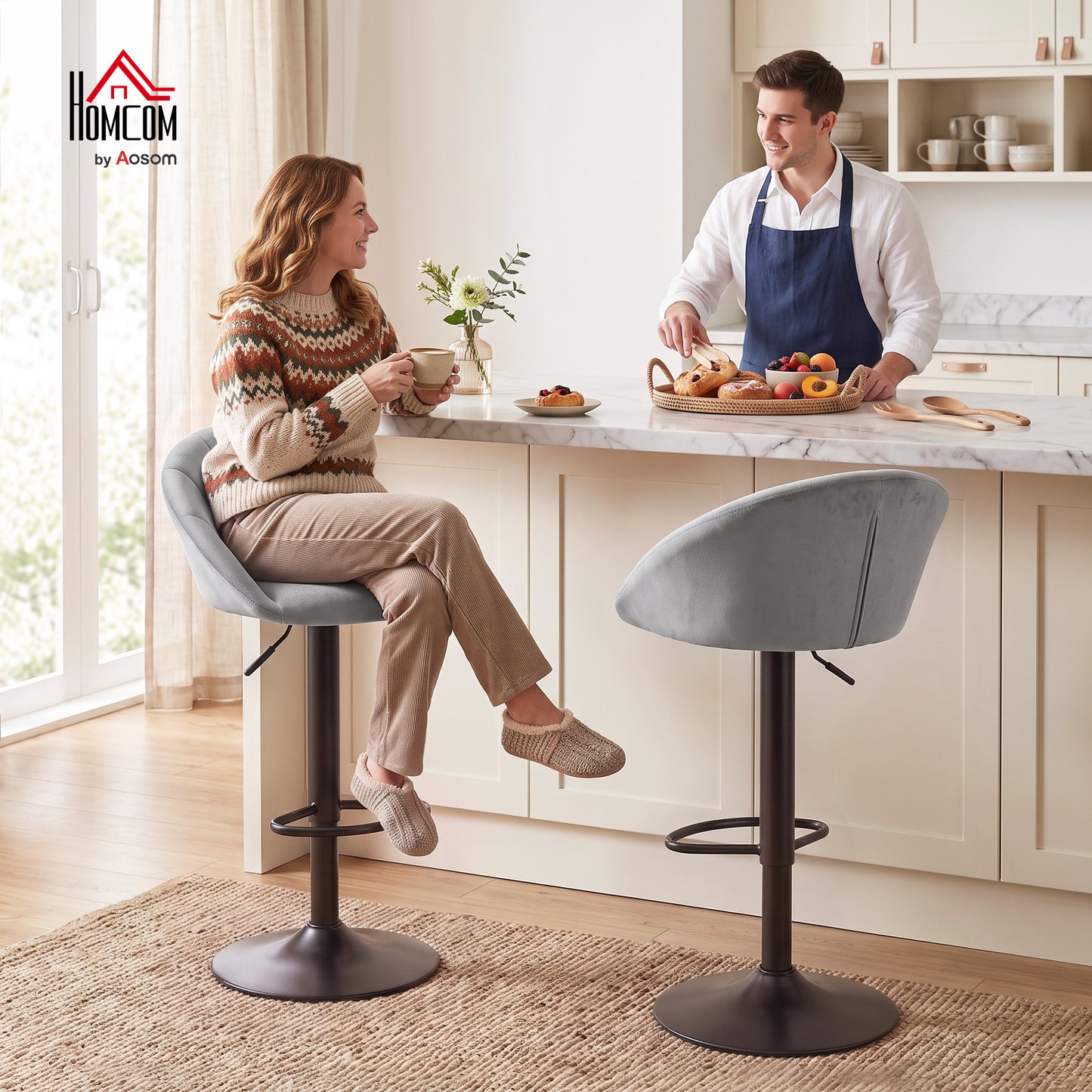Bar Stools Set of 2 Velvet Adjustable Swivel Light Grey